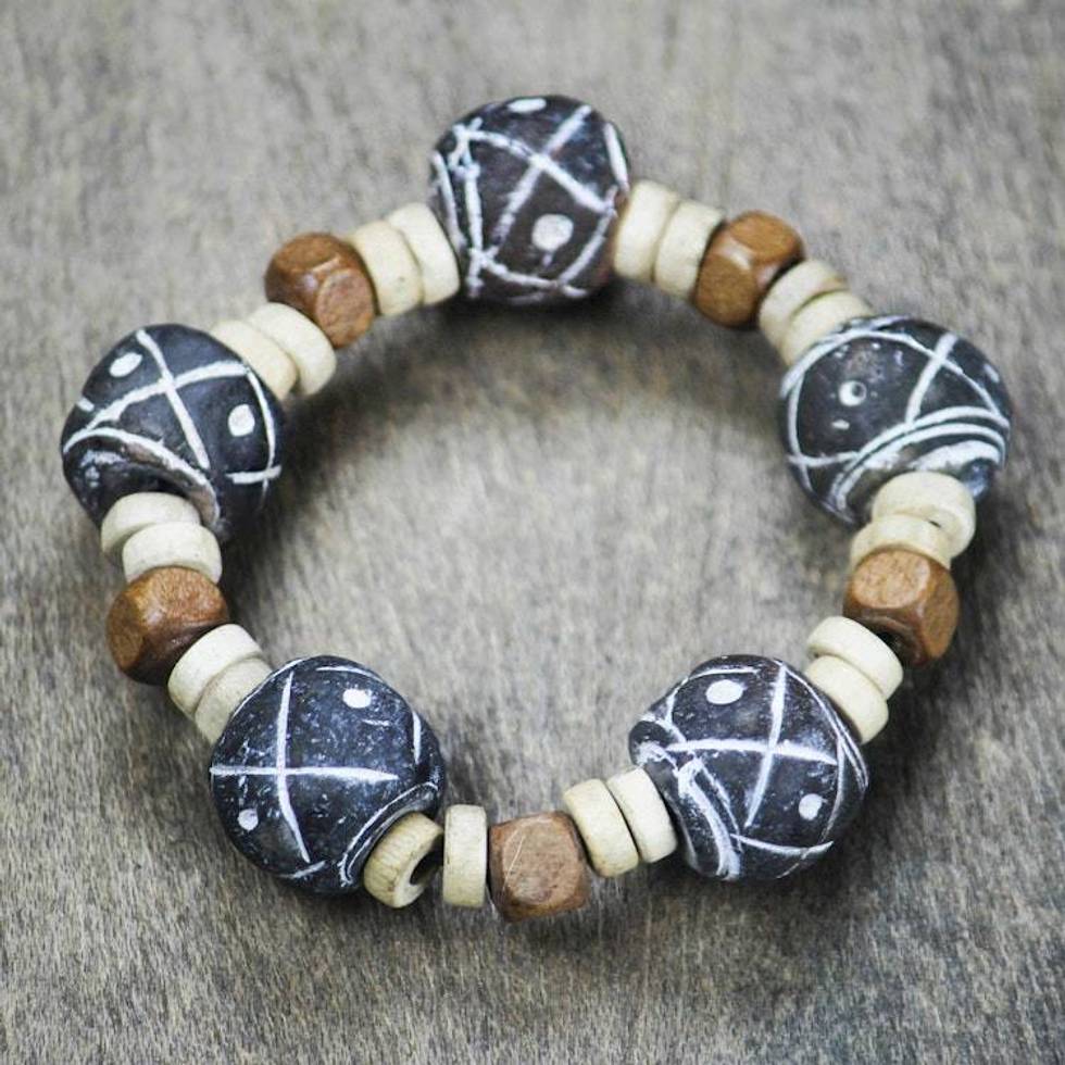 Terracotta and Sese Wood Beaded Stretch Bracelet from Ghana 'Dreams at Dusk'