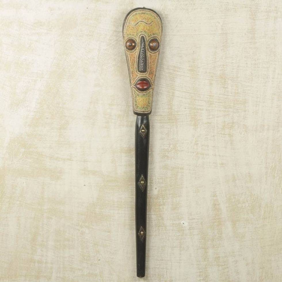 Authentic African Wall Mask with Beadwork and Metal Inlay 'Cornmeal Stew Cook'