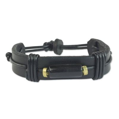 Alternate image for Mens Horn and Leather Wristband Bracelet from Ghana Natural Fusion in Black