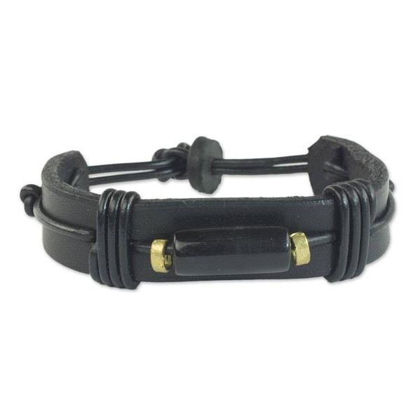 Alternate image for Mens Horn and Leather Wristband Bracelet from Ghana Natural Fusion in Black