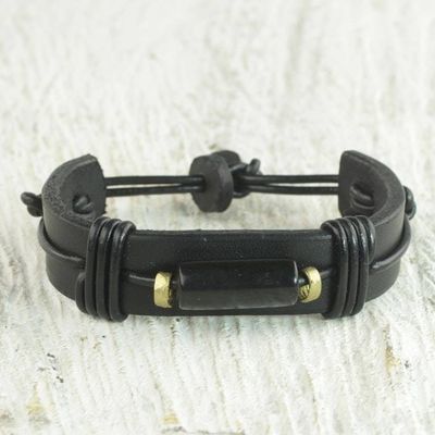 Alternate image for Mens Horn and Leather Wristband Bracelet from Ghana Natural Fusion in Black