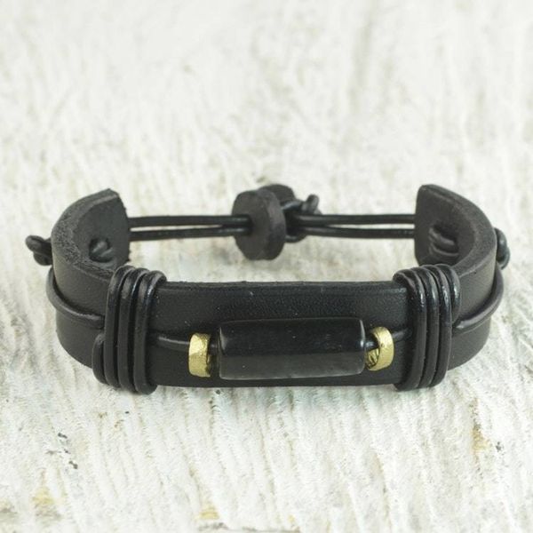 Alternate image for Mens Horn and Leather Wristband Bracelet from Ghana Natural Fusion in Black