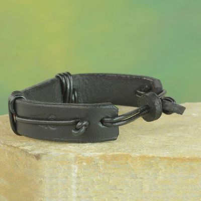 Alternate image for Mens Horn and Leather Wristband Bracelet from Ghana Natural Fusion in Black