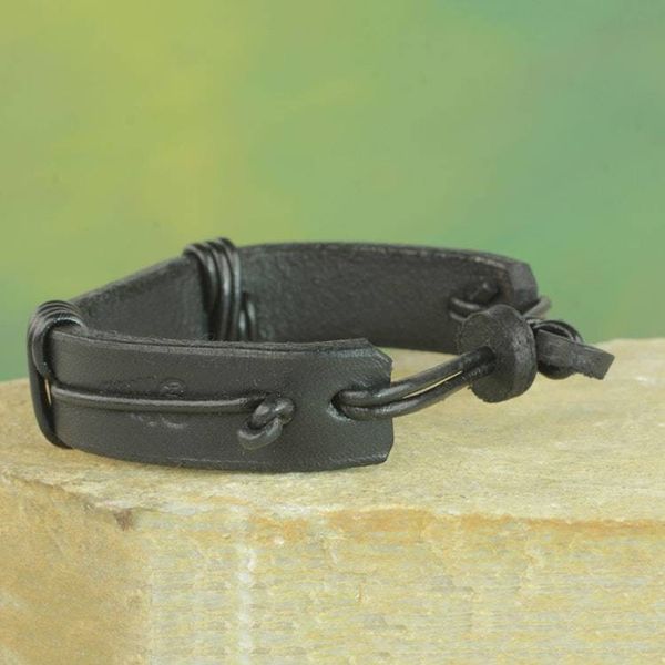 Alternate image for Mens Horn and Leather Wristband Bracelet from Ghana Natural Fusion in Black