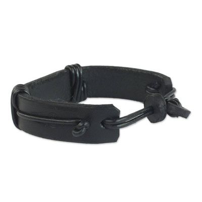 Alternate image for Mens Horn and Leather Wristband Bracelet from Ghana Natural Fusion in Black