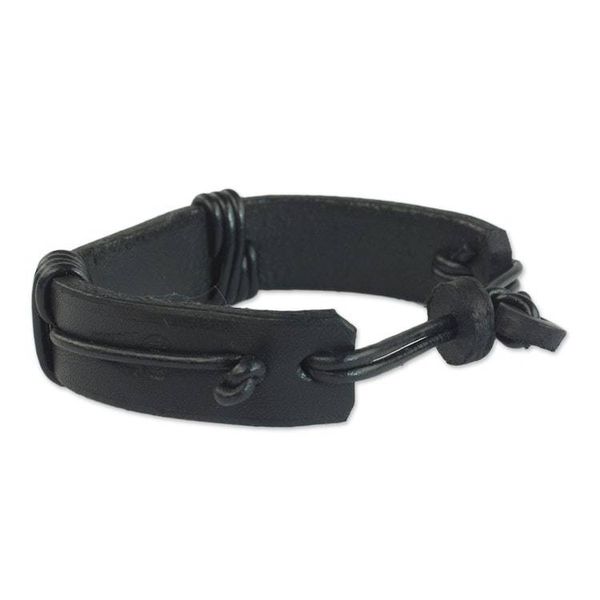 Alternate image for Mens Horn and Leather Wristband Bracelet from Ghana Natural Fusion in Black