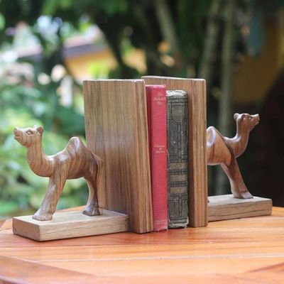Primary image for Hand Carved Wood Bookends Pair Happy Camels