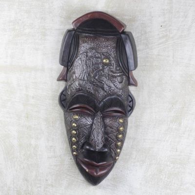 Alternate image for Hand Carved Sese Wood Aluminum Brass African Mask Agona