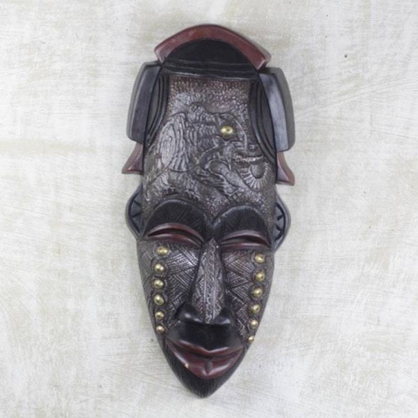 Alternate image for Hand Carved Sese Wood Aluminum Brass African Mask Agona