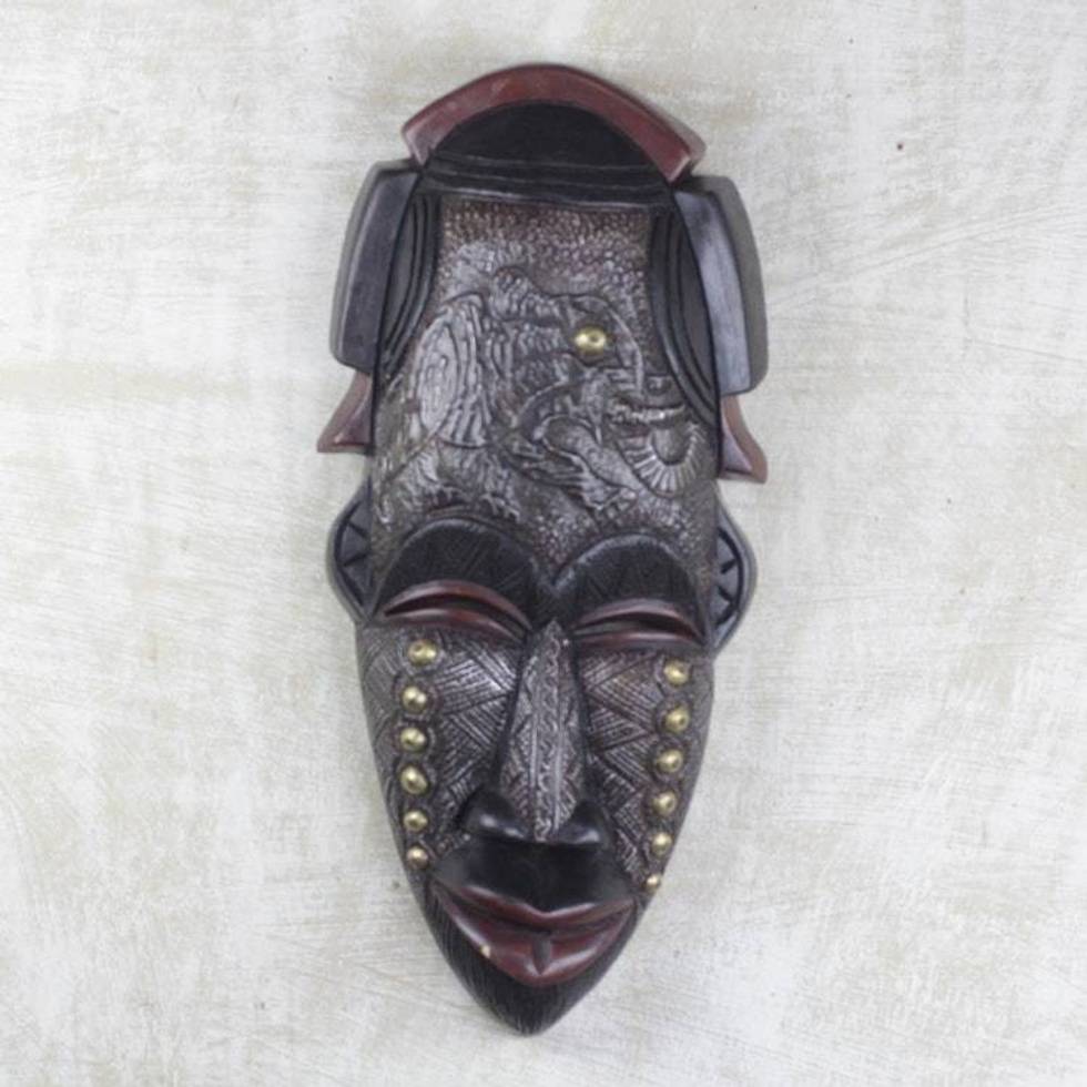 Hand Carved Sese Wood Aluminum Brass African Mask 'Agona'