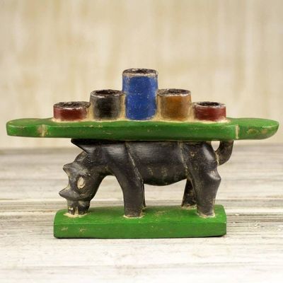 Alternate image for Hand Made Rhino Wood Multicolored Candleholder Ghana Back of a Rhino