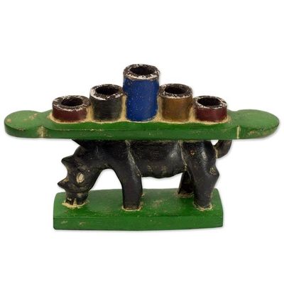 Alternate image for Hand Made Rhino Wood Multicolored Candleholder Ghana Back of a Rhino