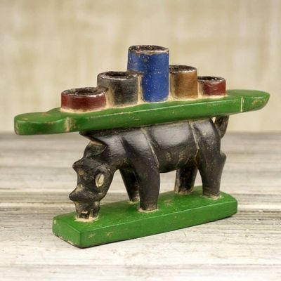 Alternate image for Hand Made Rhino Wood Multicolored Candleholder Ghana Back of a Rhino