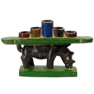 Alternate image for Hand Made Rhino Wood Multicolored Candleholder Ghana Back of a Rhino