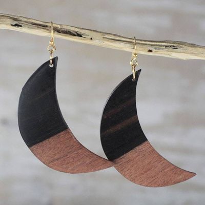 Alternate image for Handcrafted Ebony Wood Crescent Moon Dangle Earrings Moon in Shadow