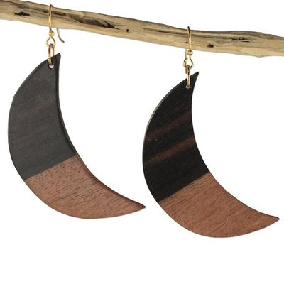 Alternate image for Handcrafted Ebony Wood Crescent Moon Dangle Earrings Moon in Shadow