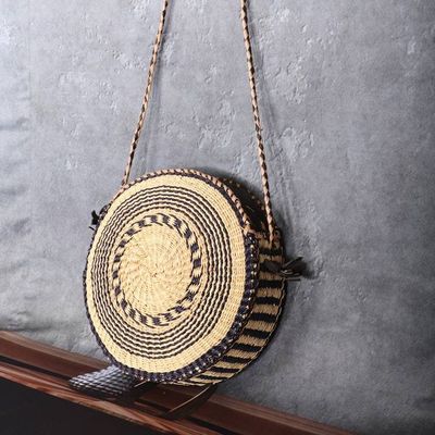 Alternate image for Black and Brown Natural Raffia Sling Bag with Leather Straps One Culture
