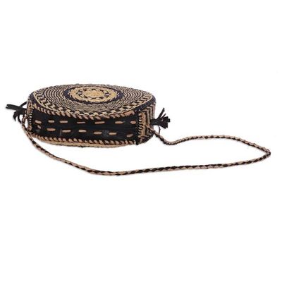 Alternate image for Black and Brown Natural Raffia Sling Bag with Leather Straps One Culture