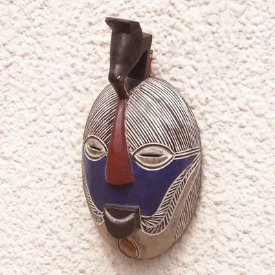 Alternate image for Handmade Congolese Wood Wall Mask with Bird Accent Songye Kifwebe