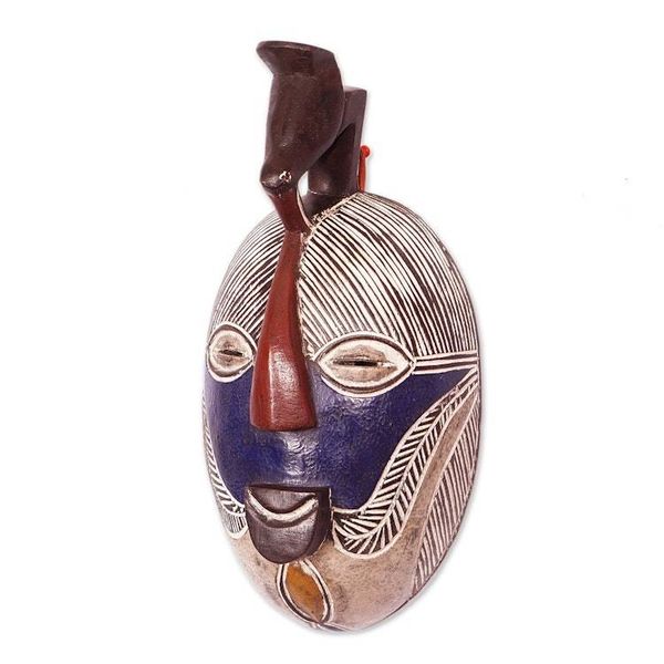 Alternate image for Handmade Congolese Wood Wall Mask with Bird Accent Songye Kifwebe