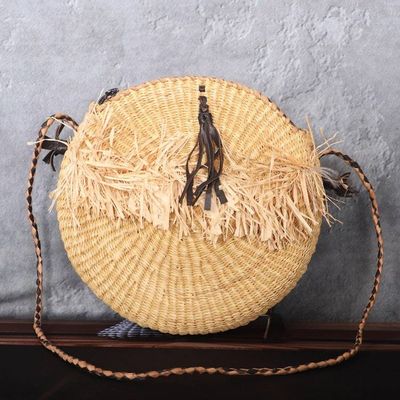 Alternate image for Handwoven Leather-Accented Round Raffia Sling Bag Jungle Core
