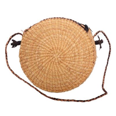 Alternate image for Handwoven Leather-Accented Round Raffia Sling Bag Jungle Core