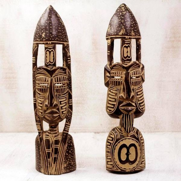 Alternate image for Hand Carved African Masks with Akan Symbols Pair Hope and Interdependence