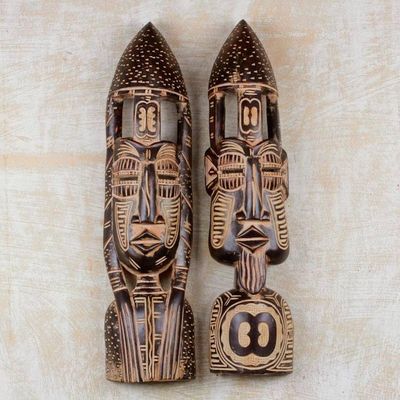 Alternate image for Hand Carved African Masks with Akan Symbols Pair Hope and Interdependence