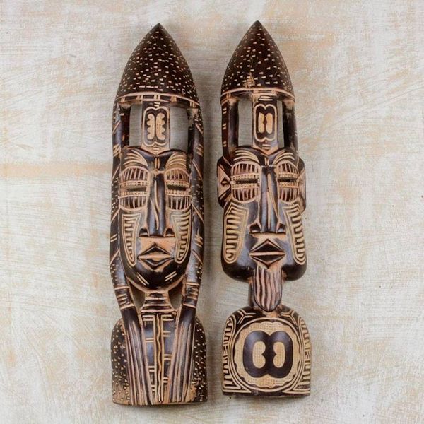 Alternate image for Hand Carved African Masks with Akan Symbols Pair Hope and Interdependence