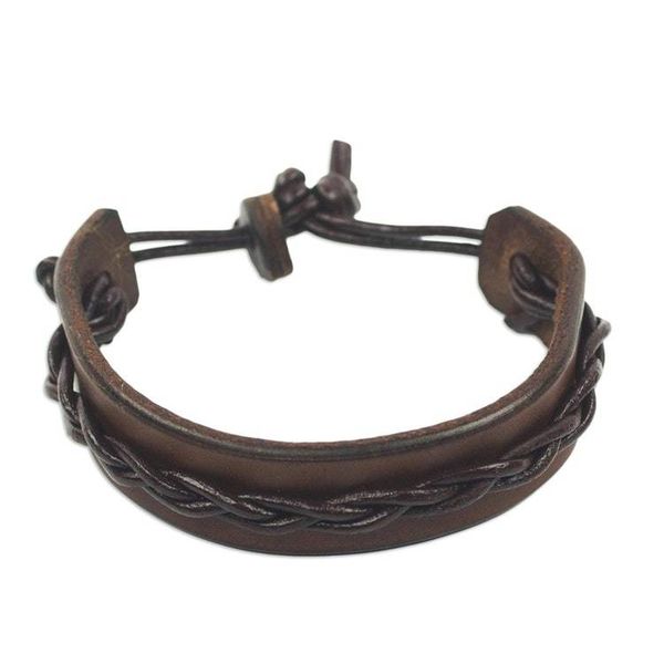Alternate image for Handmade Mens Leather Bracelet with Braided Accent Simple Twist in Brown