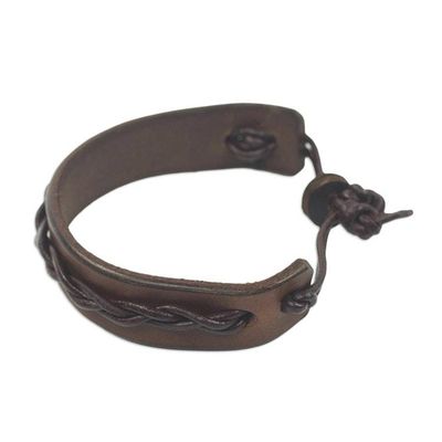 Alternate image for Handmade Mens Leather Bracelet with Braided Accent Simple Twist in Brown