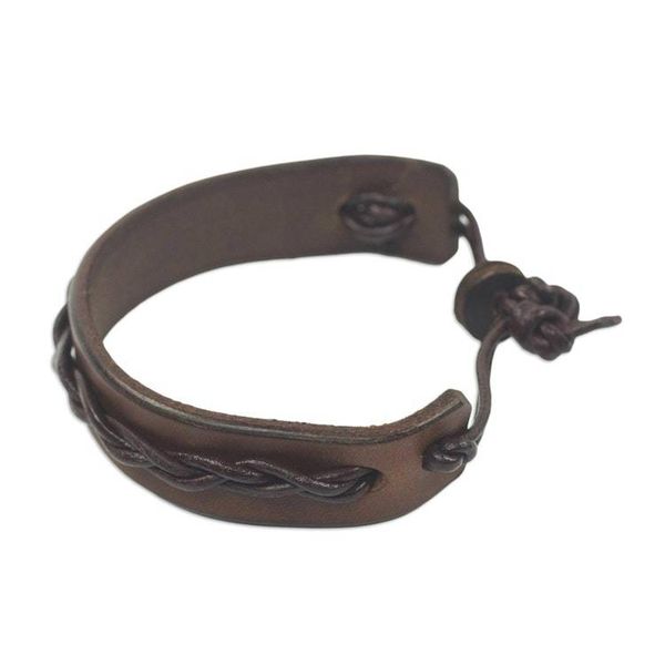 Alternate image for Handmade Mens Leather Bracelet with Braided Accent Simple Twist in Brown