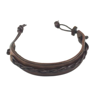 Alternate image for Handmade Mens Leather Bracelet with Braided Accent Simple Twist in Brown