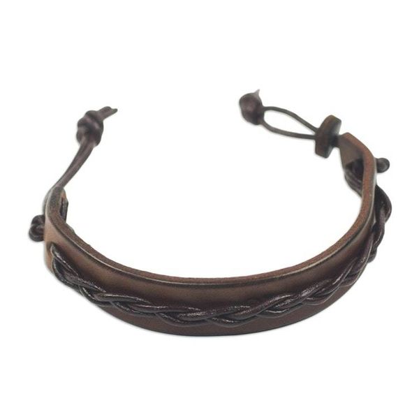 Alternate image for Handmade Mens Leather Bracelet with Braided Accent Simple Twist in Brown