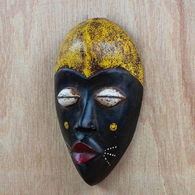 Alternate image for Hand-Carved Black and Yellow African Wood Mask from Ghana Adaoma Woman