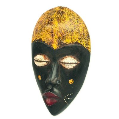 Alternate image for Hand-Carved Black and Yellow African Wood Mask from Ghana Adaoma Woman