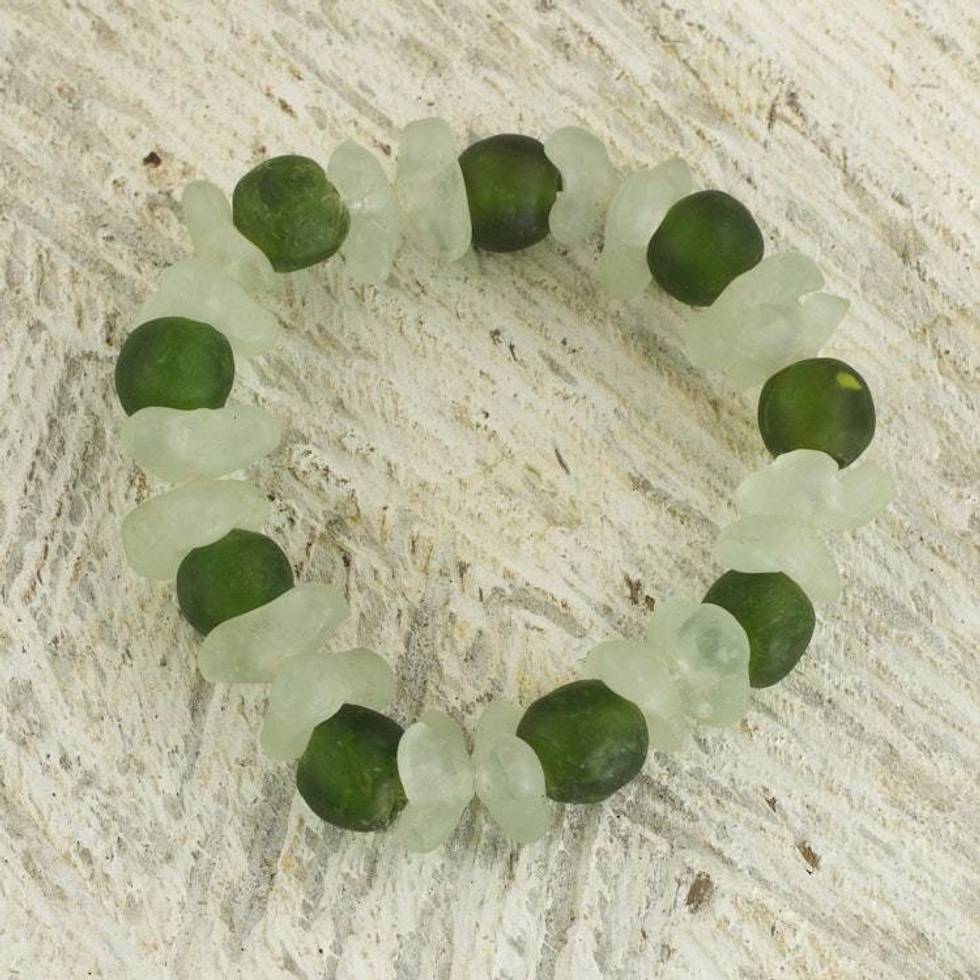 Recycled Glass Beaded Bracelet in Green and White from Ghana 'Relaxing Akorfa'