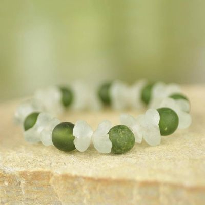 Alternate image for Recycled Glass Beaded Bracelet in Green and White from Ghana Relaxing Akorfa