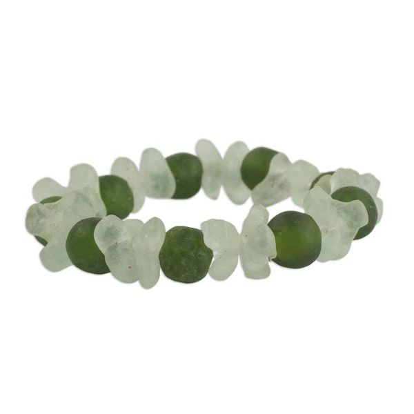 Alternate image for Recycled Glass Beaded Bracelet in Green and White from Ghana Relaxing Akorfa