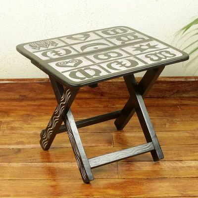 Alternate image for Brown and Cream Wood Folding Table with Adinkra Symbols Adinkra