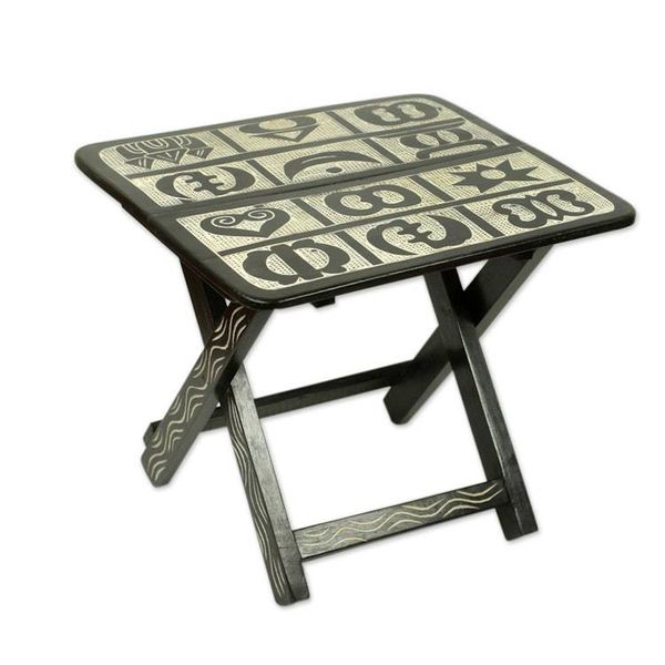 Alternate image for Brown and Cream Wood Folding Table with Adinkra Symbols Adinkra