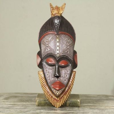 Alternate image for Embossed Aluminum and Wood African Mask with Brass Accents Abrante Pa