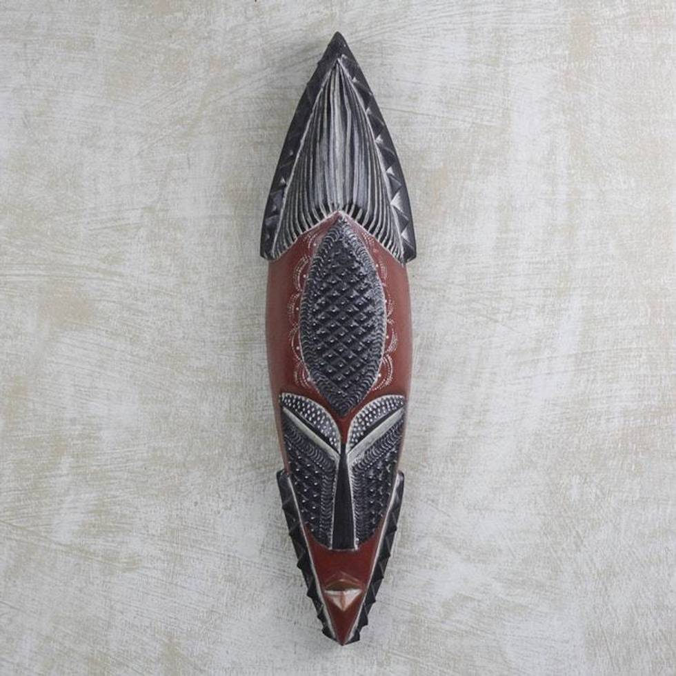 Sese Wood and Aluminum Wall Mask Hand Carved in Ghana 'Ghanaian Ahoufe'