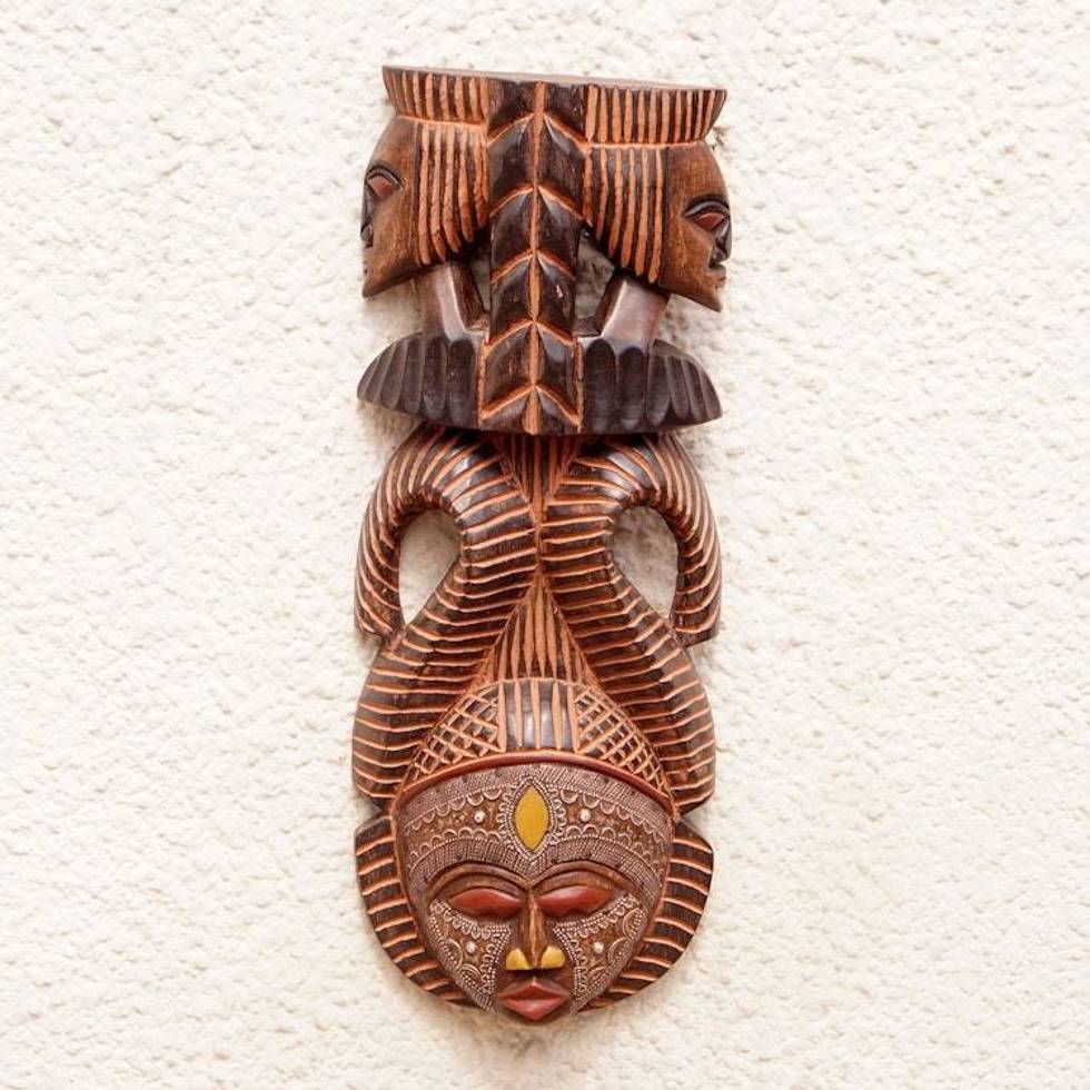 Artisan Hand Carved Authentic African Mask with Repousse 'Vigilant Woman'