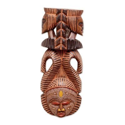 Alternate image for Artisan Hand Carved Authentic African Mask with Repousse Vigilant Woman