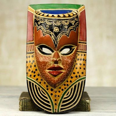 Alternate image for Hand Carved Sese Wood Mask Decorated With Paint and Aluminum Queen on the Wall