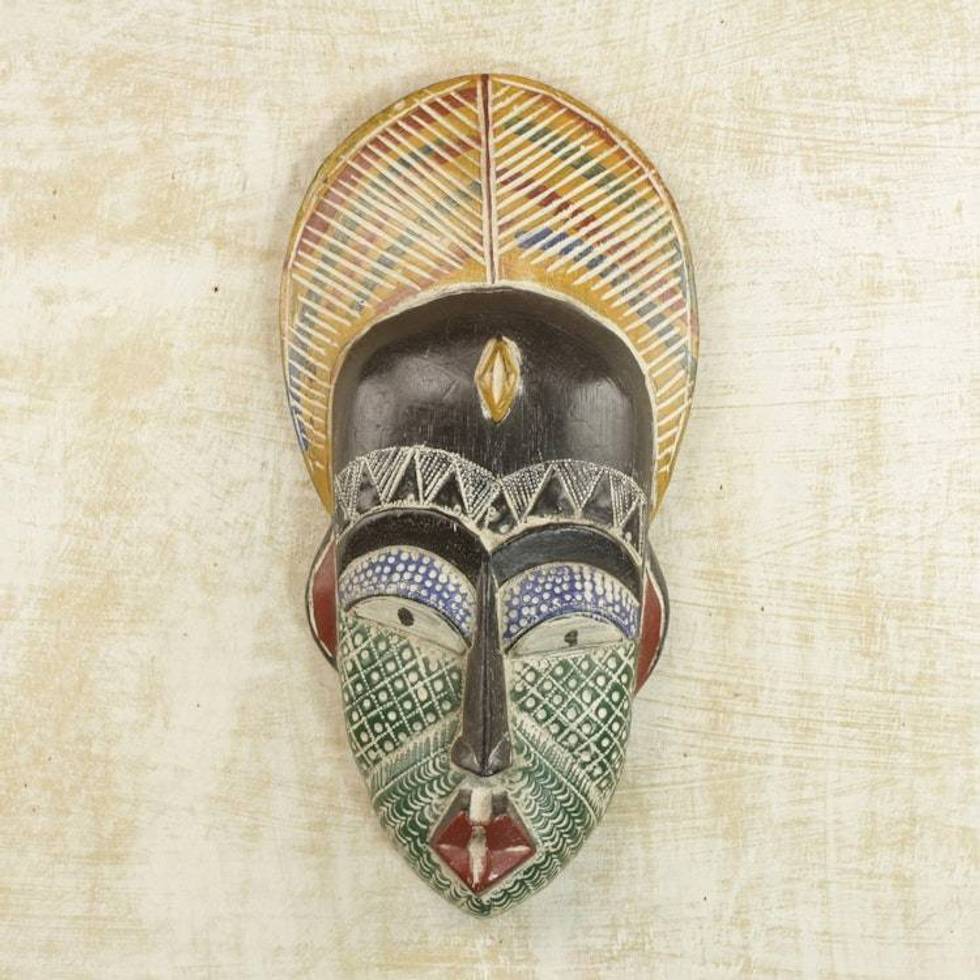 Handcrafted African Sese Wood and Aluminum Mask from Ghana 'Peacock Man'