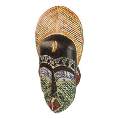 Alternate image for Handcrafted African Sese Wood and Aluminum Mask from Ghana Peacock Man