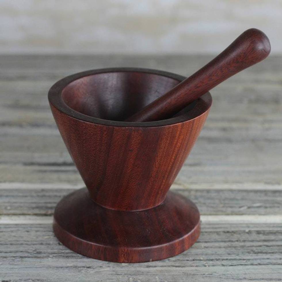 Hand-Carved Ebony Decorative Mortar and Pestle Set 'Graceful Lines'