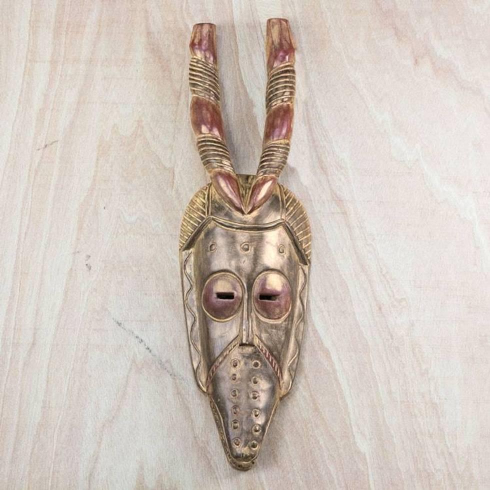 Hand Carved Sese Wood Horned Beak Bird West African Mask 'Horned Bird Spirit'
